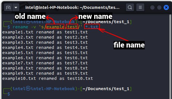 rename コマンドを使用して、すべての .txt ファイルの名前を変更します。