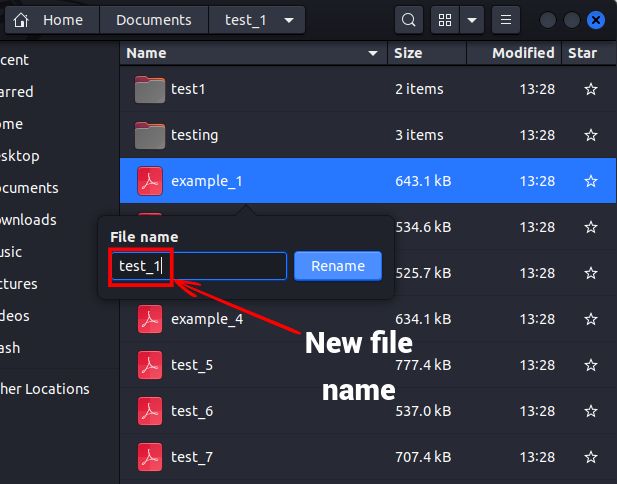 ファイル マネージャーを使用して、1 つのファイルの名前を変更します。