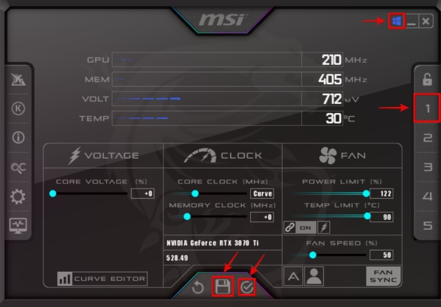 how to save profile in msi afterburner