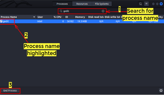 Search for process using system monitor