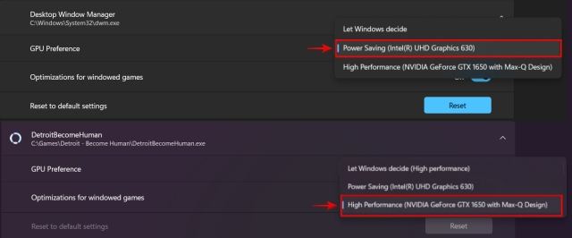 specifying apps to high performance or power saving mode