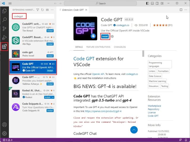 Install and use CodeGPT in VS Code (2023)