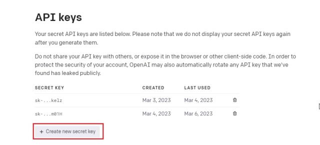 Create new secret key OpenAI