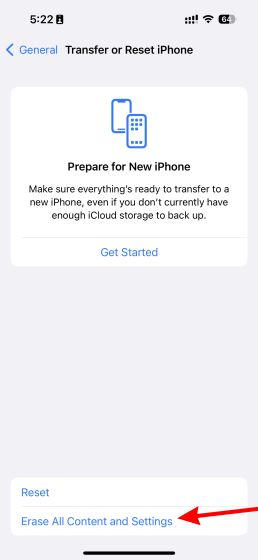 erase all content and data ios