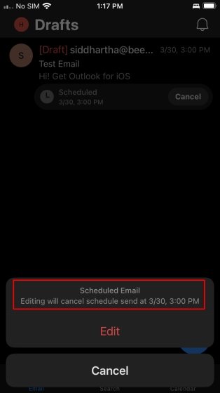 Schedule email in outlook on iOS