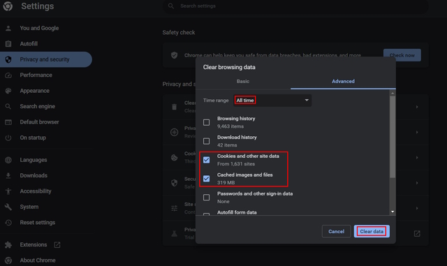 Clear browser cookies and cache data