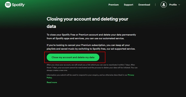 Spotify Account Delete Page