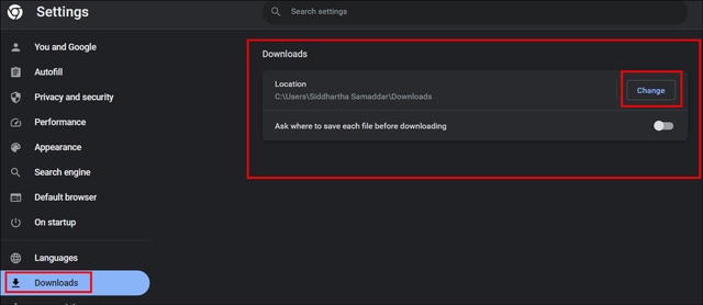 Change Download File Location