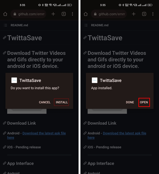 A mobile phone screen displaying a Twitter GIF being downloaded or successfully saved, highlighting multi-platform compatibility.