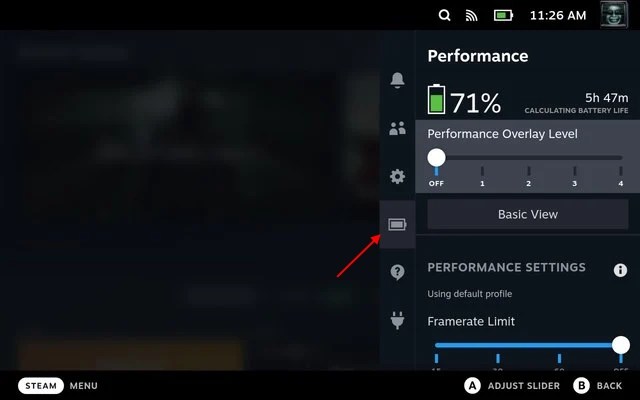 click on battery icon to access performance settings