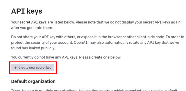 新しい OpenAI API キーを生成します。