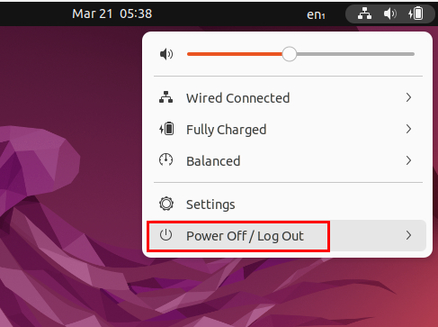 selecting the Power Off menu in Gnome