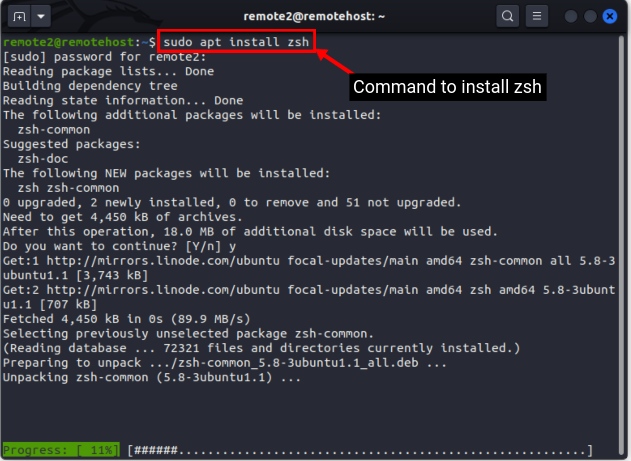 downloading zsh using apt package manager