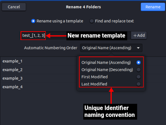 renaming using a template in file manager