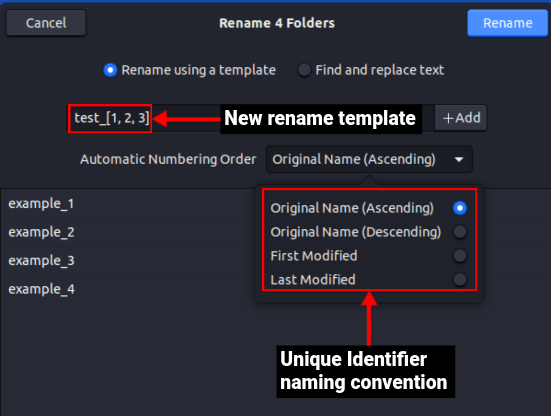 renaming using a template in file manager