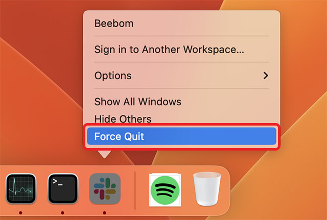 option to force quit an app from the dock in mac