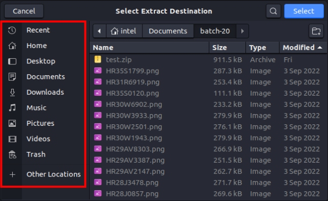 selecting path to extract the files