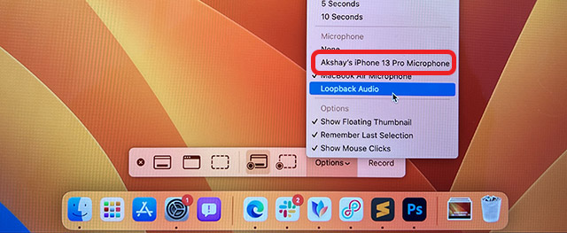 select iphone mic in mac screenrecord settings