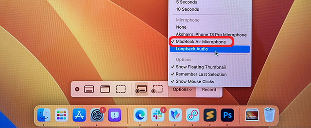 selecione mac mic nas configurações de gravação de tela do mac