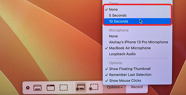 configurando timer na gravação de tela no mac