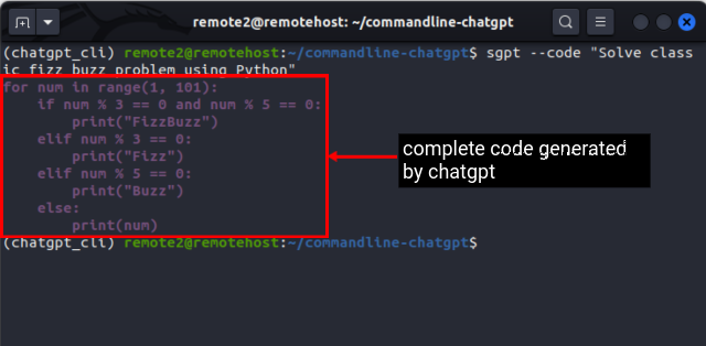générer du code pour le problème de fizz buzz avec ChatGPT dans le terminal Linux