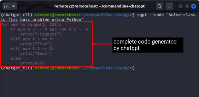 generating code for fizz buzz problem with ChatGPT in Linux Terminal