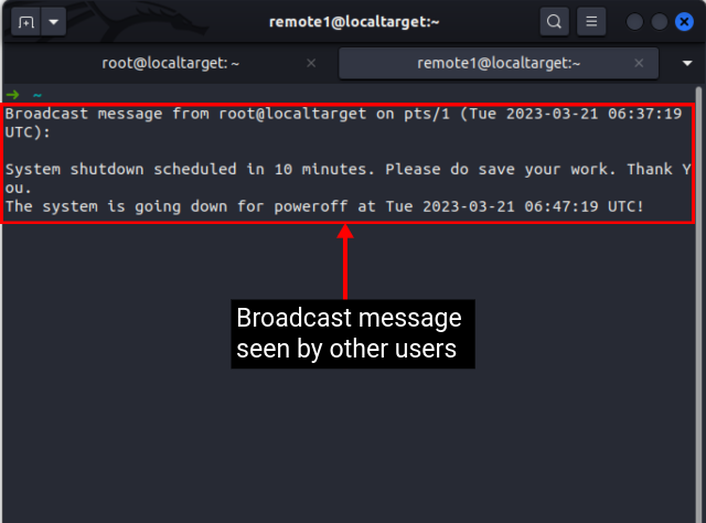 broadcast message viewed by the Linux user while shutting down
