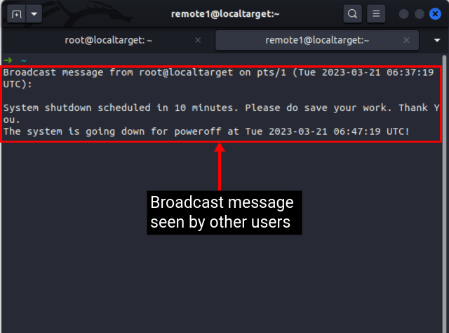 So fahren Sie Linux über die Befehlszeile und die GUI herunter 4 Broadcast-Nachricht, die vom Linux-Benutzer beim Herunterfahren angezeigt wird