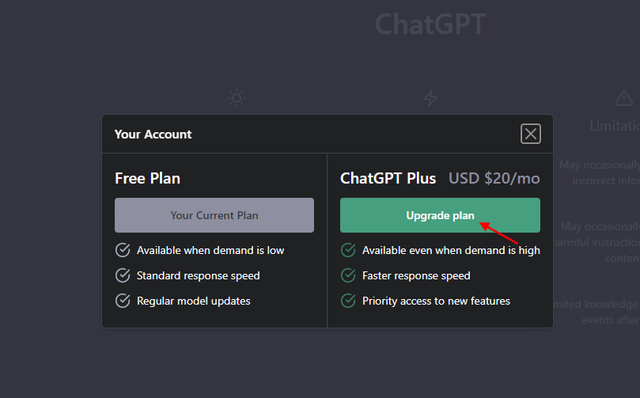 Pour accéder en avant première à Chat GPT-4, vous devez payer équivalent de 20 dollars par mois en cliquant sur « upgrade to plus« , puis cliquez sur « upgrade plan » 
