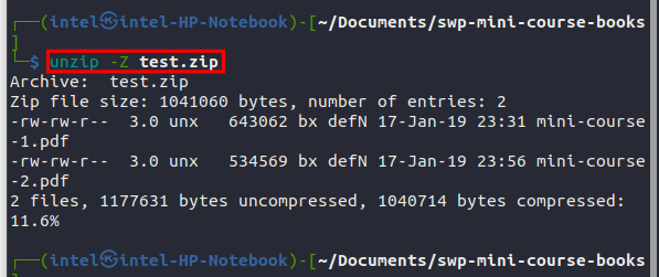 view information about of a zip file using unzip command in Linux terminal