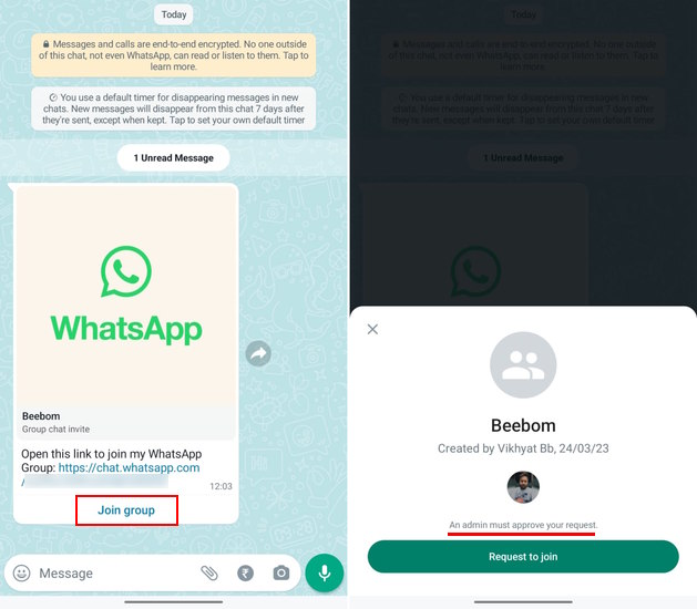 whatsapp group invite link, request to join button