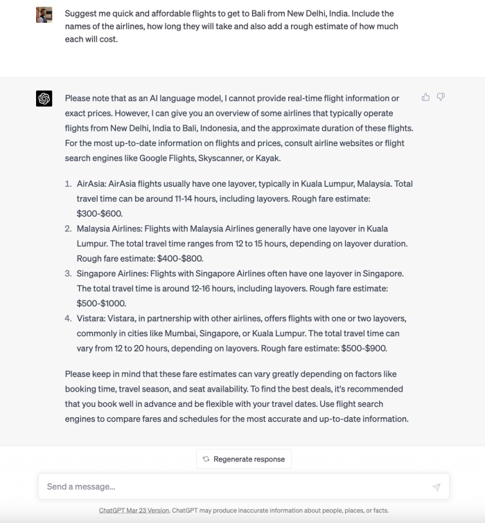 Airline recommendations chatgpt travel 