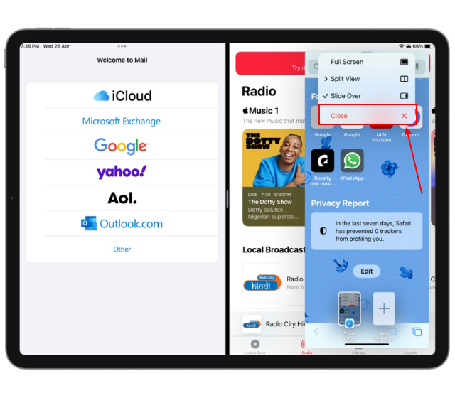 exit split screen in safari on iPad