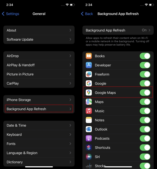 Enable Background Data Consumption for Google Maps