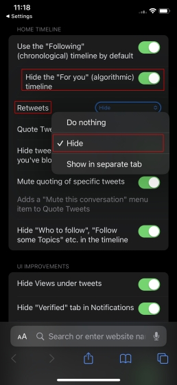 Remove the Twitter "For You" tab on iOS