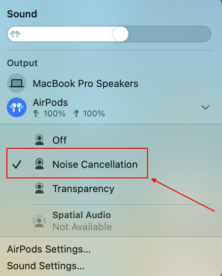 turn on noise cancellation on AirPods using Mac
