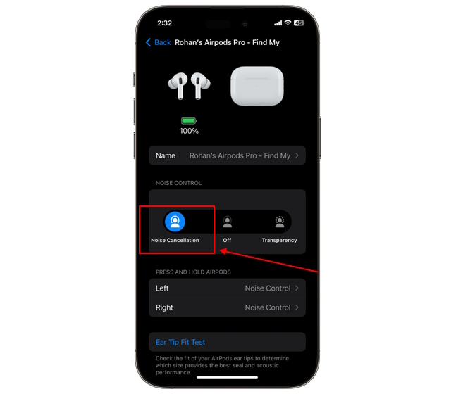turn on noise cancelling on AirPods from settings
