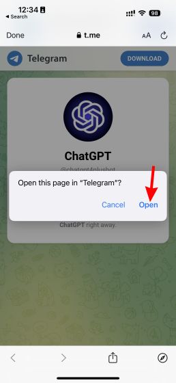 Open chatGPT button chatgpt telegram 