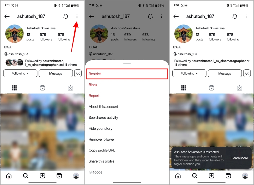 Restrict an Account on Instagram App