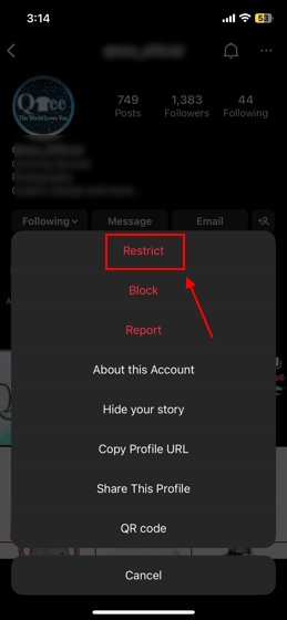 Restrict Instagram account