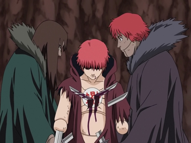 An image of Sasori with his puppets in Naruto.
