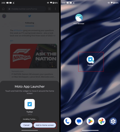 Create a shortcut for Twitter using Kiwi Browser on Android