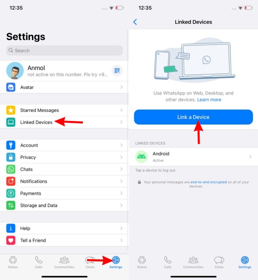 Link devices whatsapp two phones