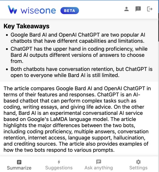 Summarize wiseone chatgpt 