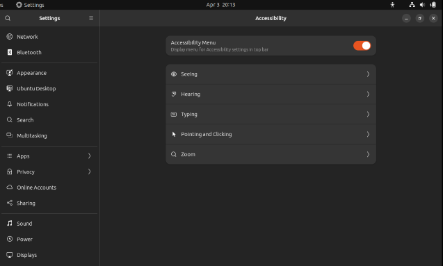 Accessibility menu in Ubuntu 23.04