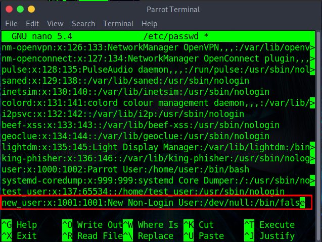 editing the /etc/passwd file to add a new non-login user in Linux