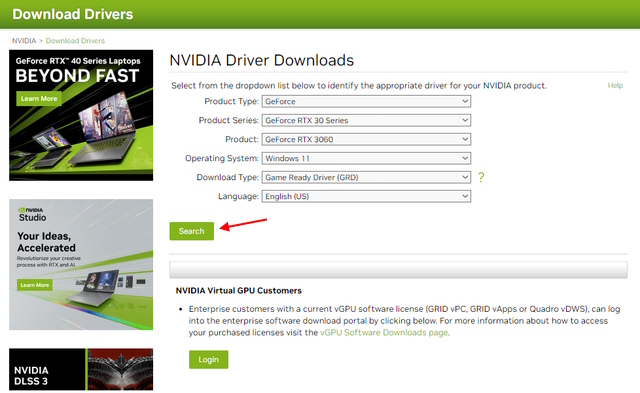 search for nvidia graphics driver