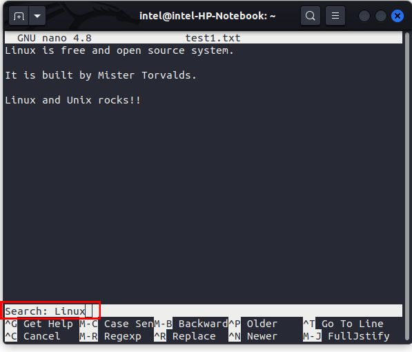 searching for Linux word in nano command