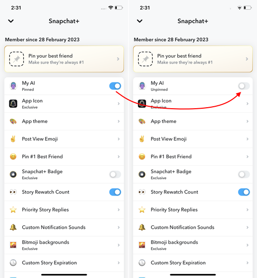 toggle off My AI to unpin bot in Snapchat