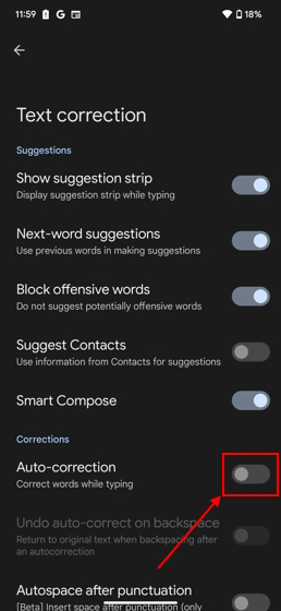 turn off autocorrect on android